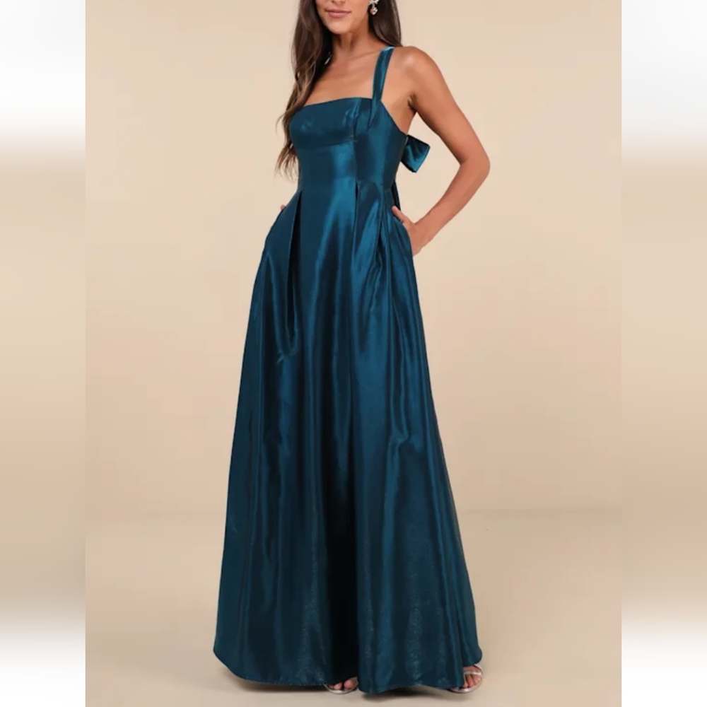 Lulus NWT Immaculate Aura Shiny Dark Teal Taffeta Maxi Dress With Pockets